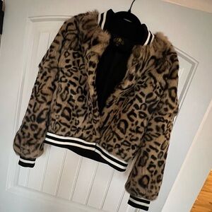 Metric knits vintage style Black and tan leopard fur Satin Lined bomber Jacket